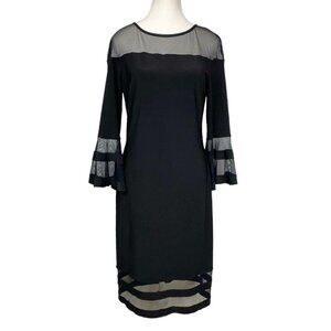 FRANK LYMAN BLACK MESH STRIPES 3/4  BELL SLEEVES MIDI SHIFT DRESS - 8